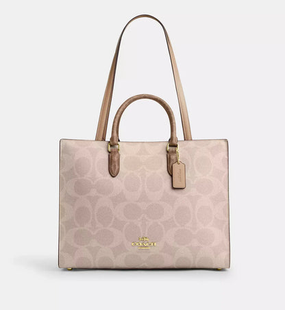 Coach Maggie Tote Bag In Blocked Signature Canvas 'Signature Canvas Gold Sand Tan'