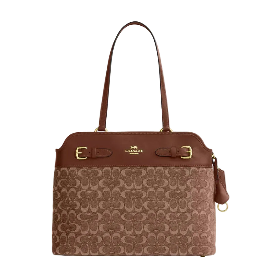 Coach Easton Tote Bag In Signature Chenille 'Smooth Leather Gold Light Khaki Vintage Brown'