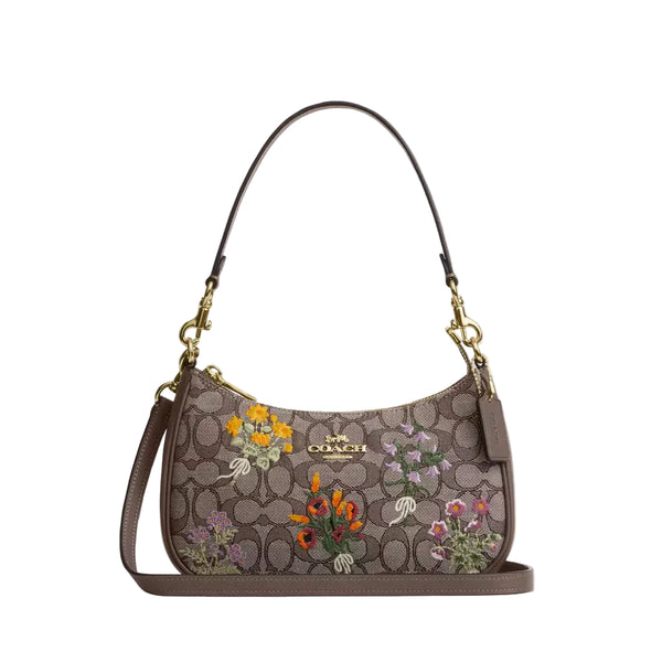 Coach Teri Shoulder Bag In Signature Jacquard With Floral Embroidery 'Signature Jacquard Gold Oak Multi'