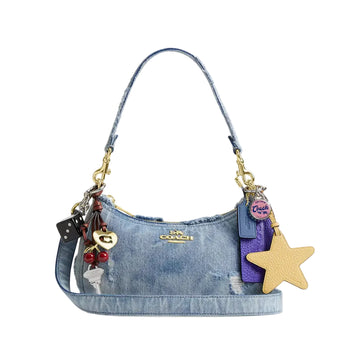 Coach Teri Shoulder Bag In Loved Denim With Charms 'Denim Gold Light Indigo'