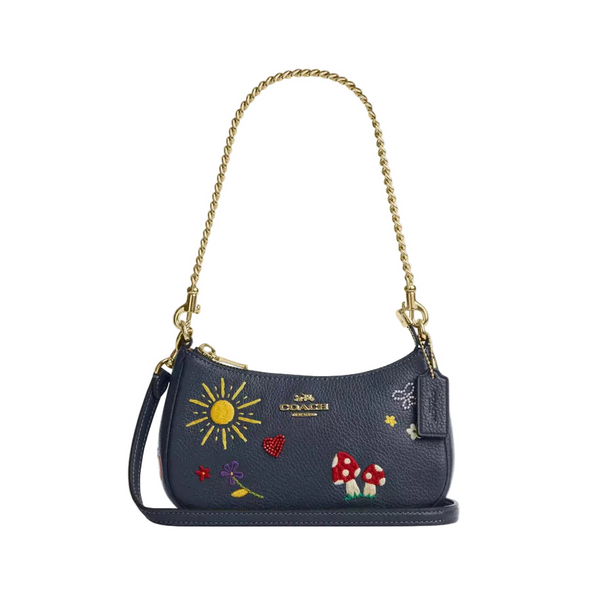 Coach Teri Mini Crossbody Bag With Embroidery 'Pebbled Leather Gold Dark Denim'