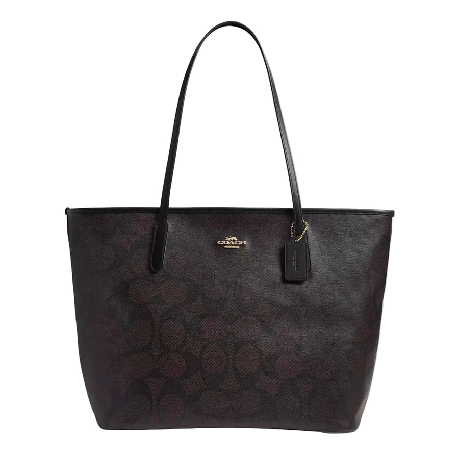 Coach Large City Tote Bag In Maxi Signature Canvas 'Signature Canvas Gold Walnut Black'