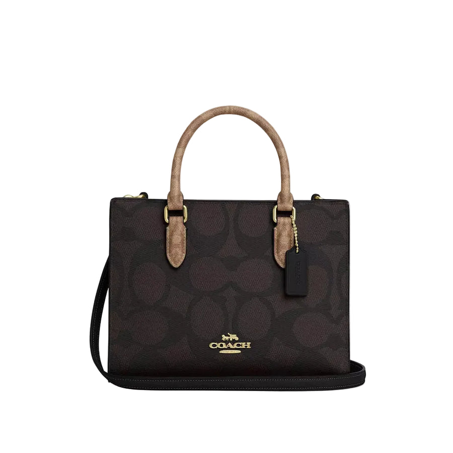 Coach Maggie Small Tote Bag In Blocked Signature Canvas 'Signature Canvas Gold Walnut Tan'