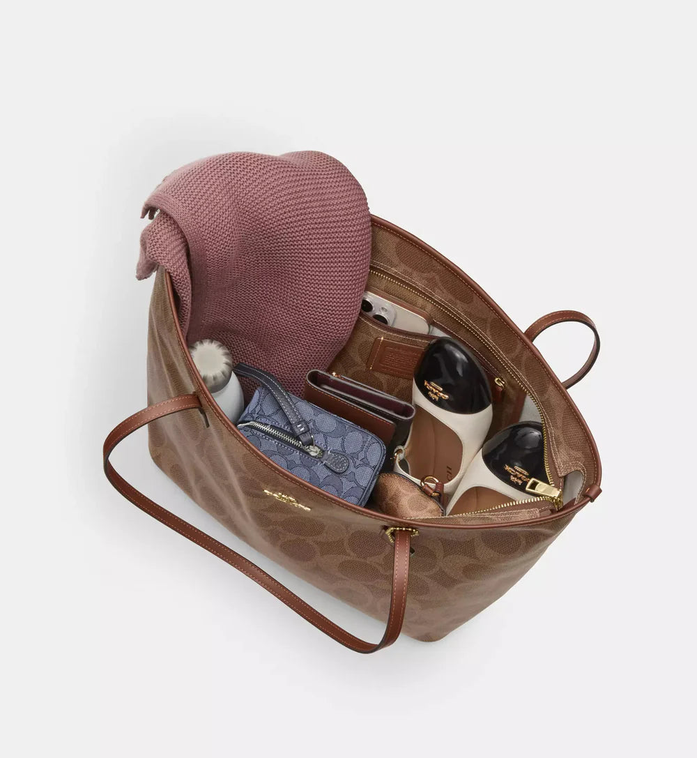 Coach Large City Tote Bag In Maxi Signature Canvas 'Signature Canvas Gold Tan Brown'