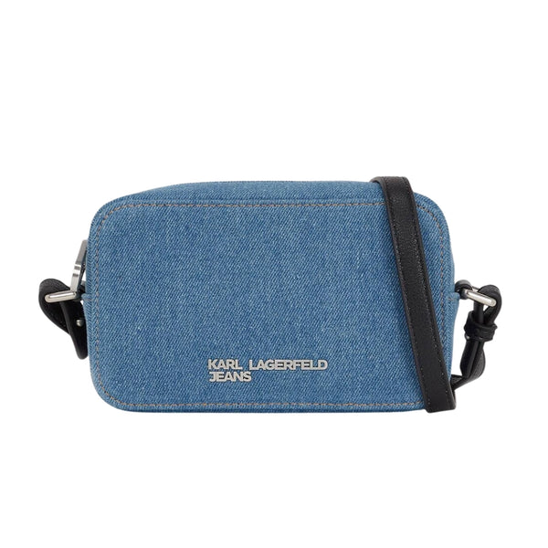 KarlLagerfeld Metal Logo Denim Camera Bag Bright Blue Marble