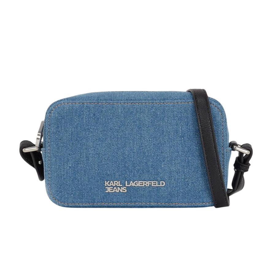 KarlLagerfeld Metal Logo Denim Camera Bag Bright Blue Marble