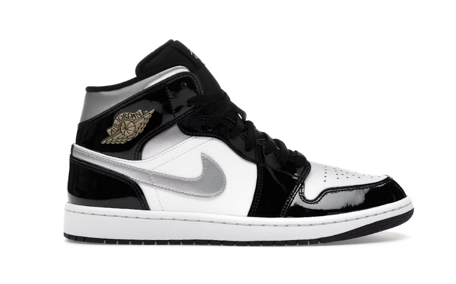 Air Jordan 1 Mid SE Patent Black White Metallic Silver Metallic Gold